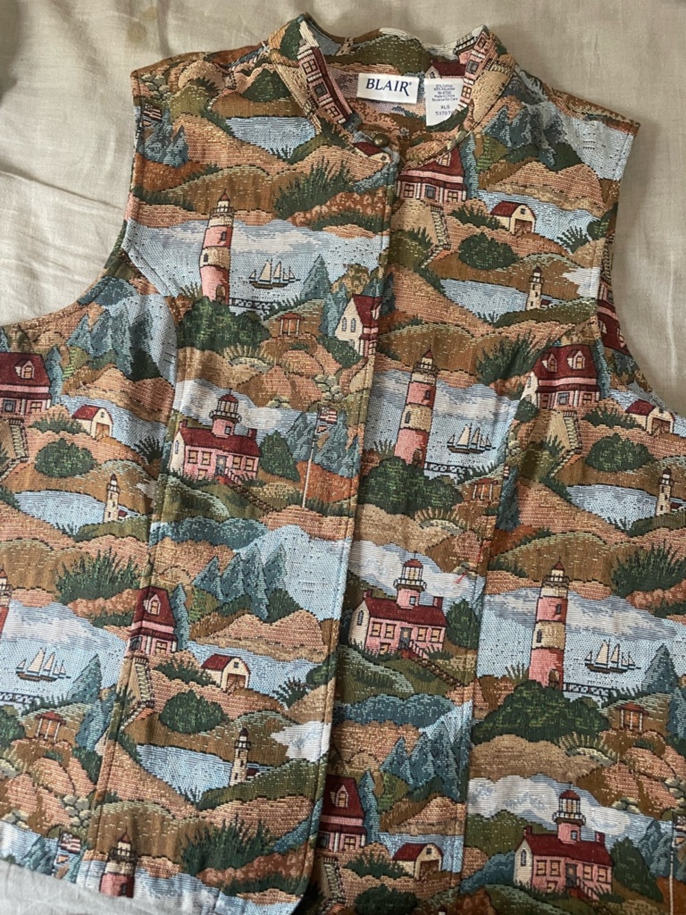 Vintage Blair tapestry Nautical vest XL lighthouse - Picture 1 of 8